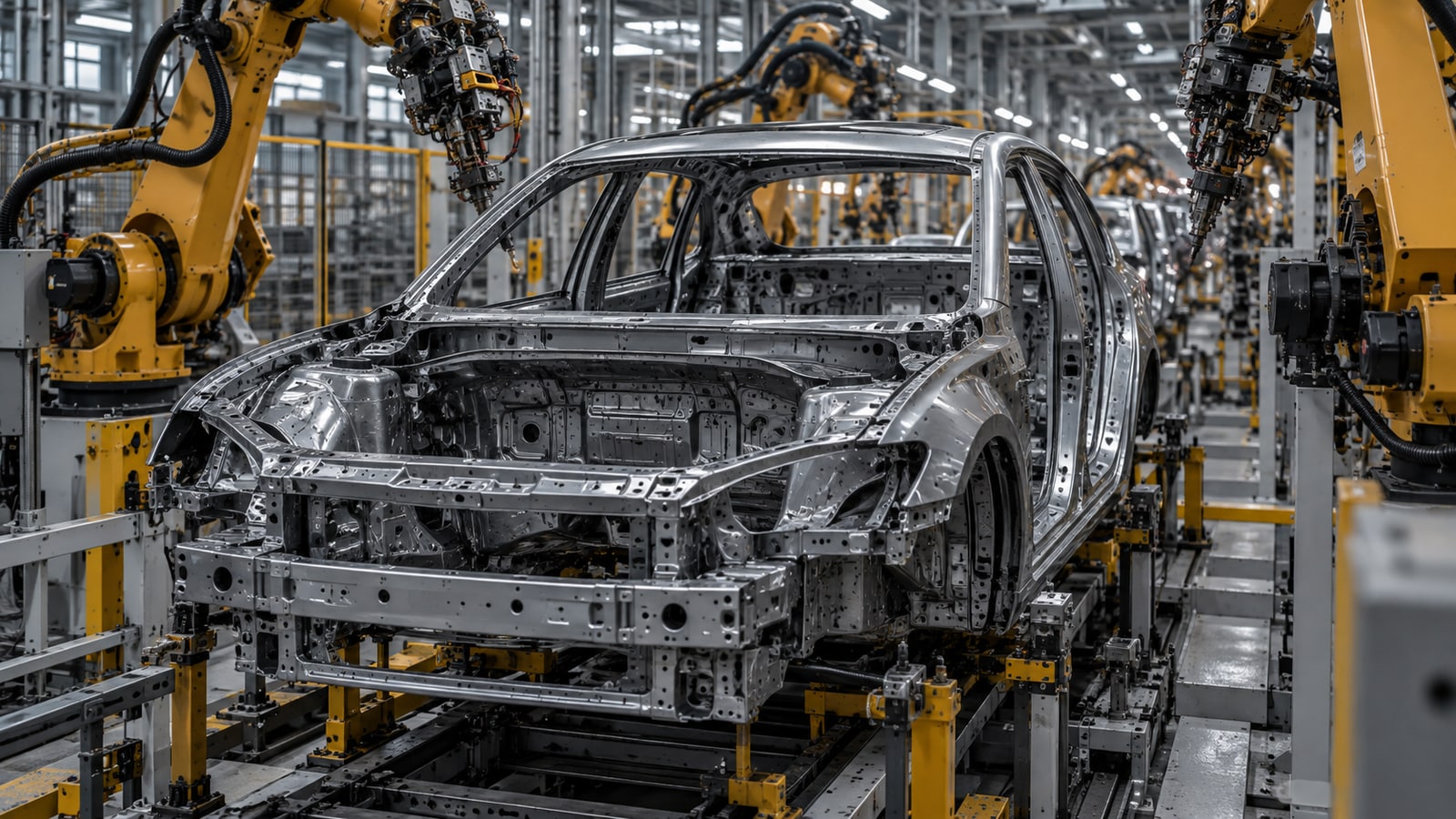 Carrocería en una línea automotriz automatizada — imagen temporal generada con IA